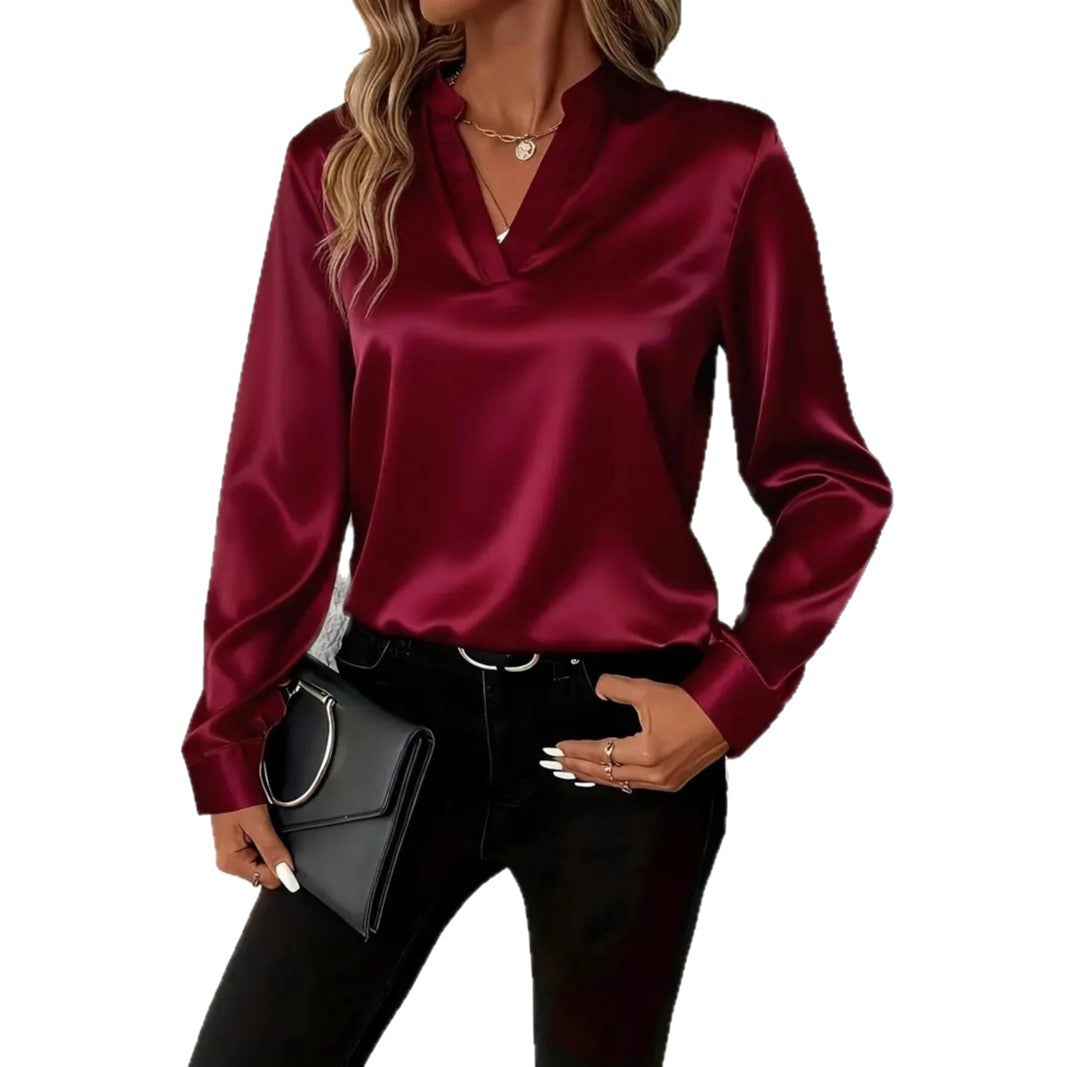 2025 Independent Station Wish Amazon Hot Style Spring And Autum Simple Elegant Versatile V Neck Loose Shirt Top For Women