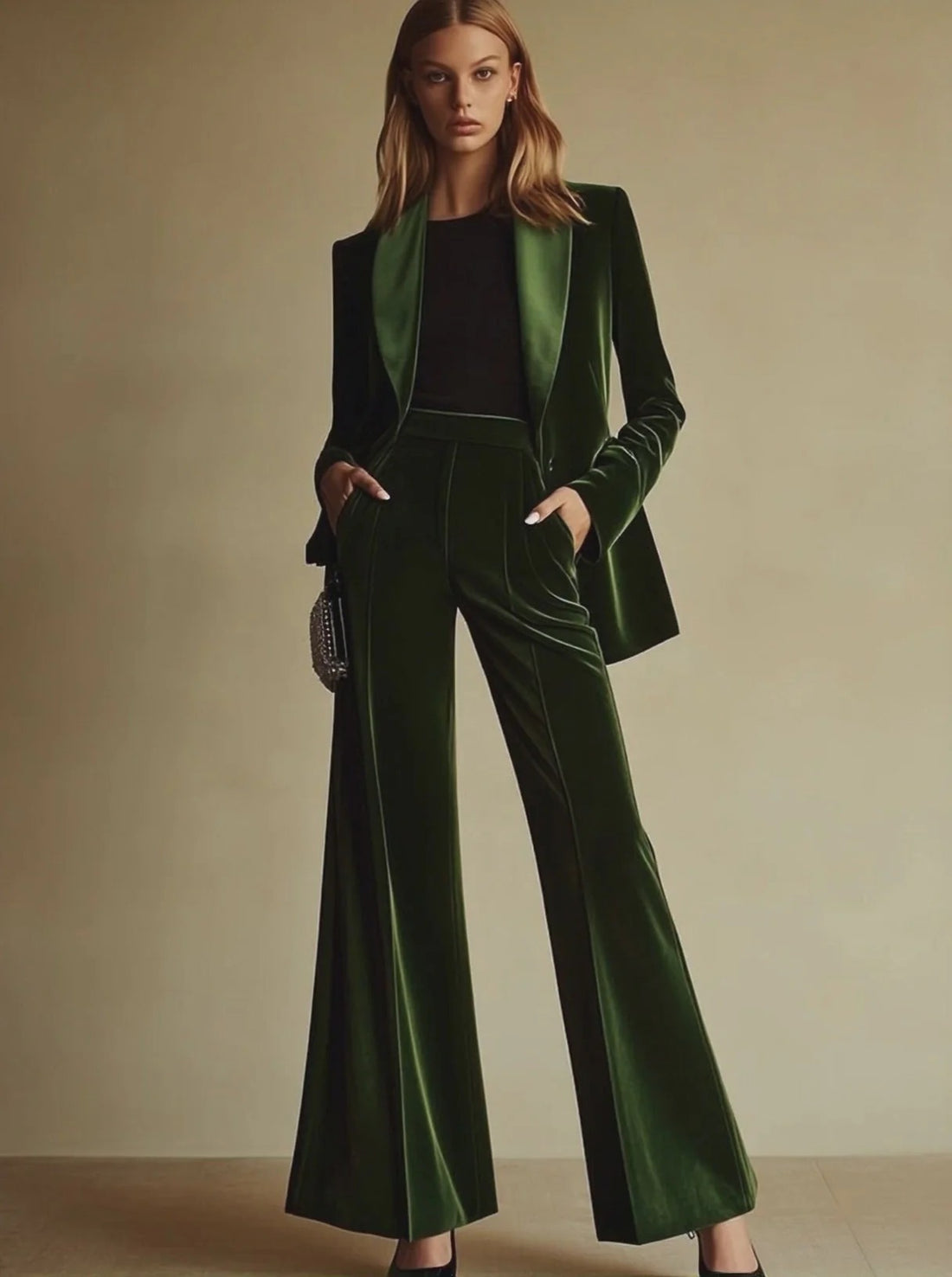 European And American Popular Professional Fashion Suits, New Style Velvet Jacket And Slim-Fit Elegant Pants Two-Piece Set For Women