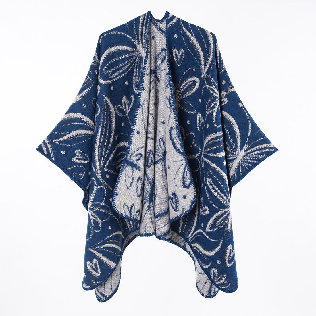 Women's Autumn Winter Double-Sided Butterfly Floral Jacquard Poncho Shawl, Vintage Faux Cashmere Warm Split Outerwear Cape