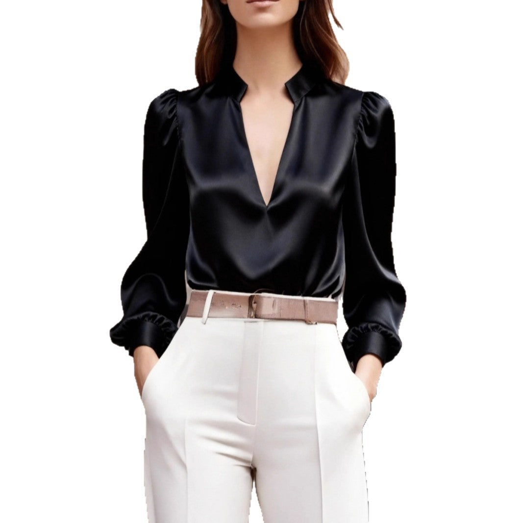 2025 Independent Station Wish Amazon New Spring & Fall Satin Long-Sleeved Slim Professional Style Design Tops For Women
