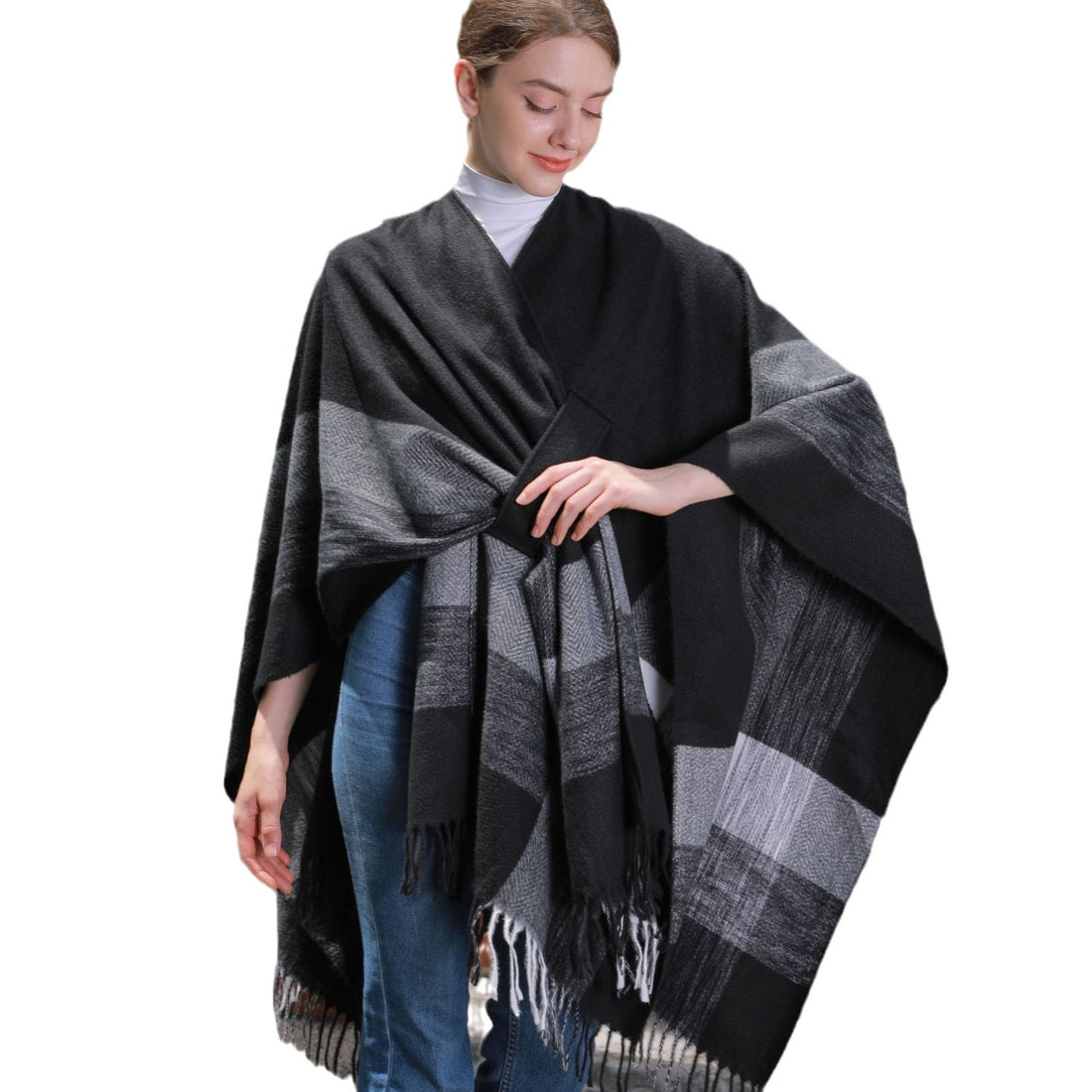 Women's Colorful Stripe Belted Shawl Coat, Jacquard Warm Tassel Cardigan Outerwear