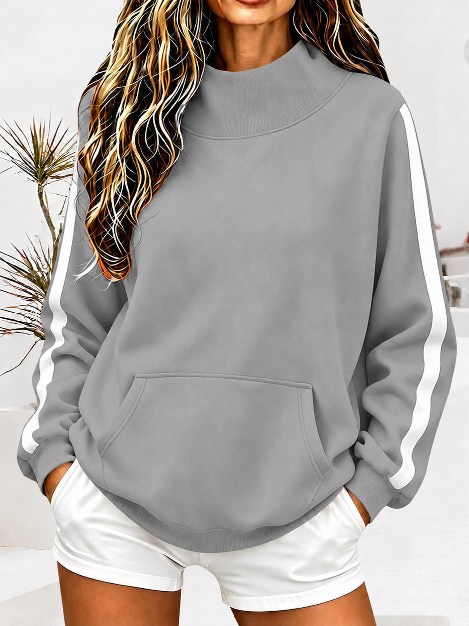 Cross-Border European And American Autumn Winter New Women's High-Neck Ribbed Sweatshirt Loose Casual Sporty Style Sweatshirt With Striped Sleeves For Women