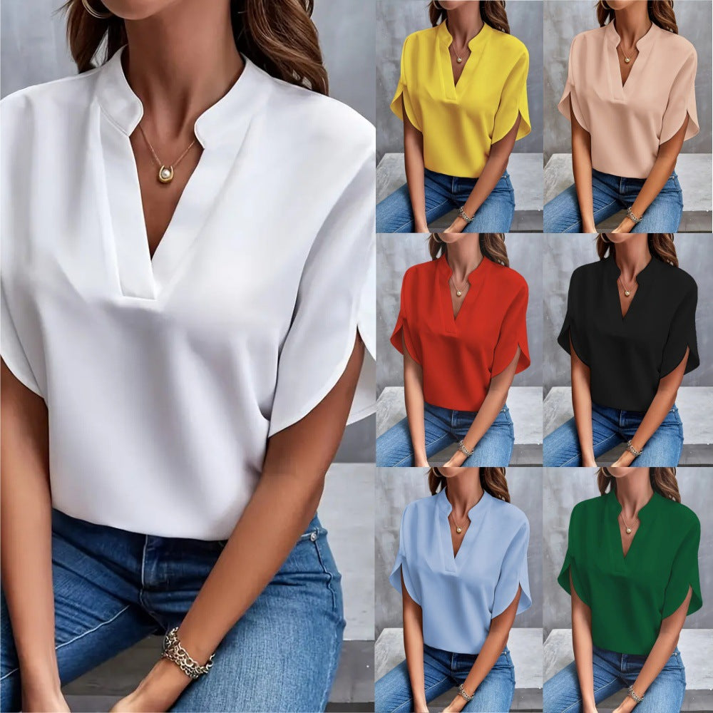 Amazon Europe And America Cross-border Foreign Trade Women's 2024 Summer Casual Solid Color V-neck Loose Shirt Top Women