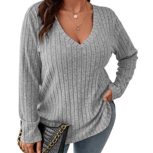Cross-Border Amazon European And American Foreign Trade Women's Clothing Autumn And Winter New Solid Color V-Neck Long-Sleeved Anti-Pilling Brushed Top For Women