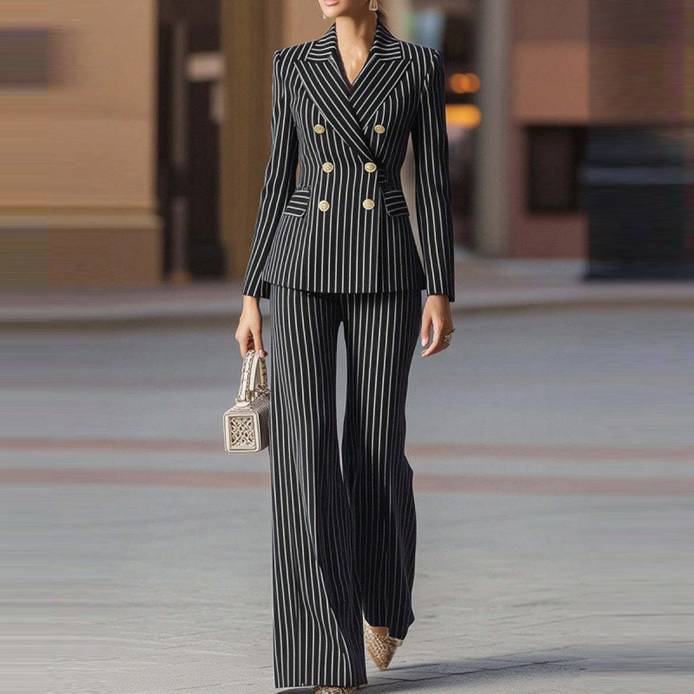 Autumn European And American Hot Selling Elegant Commuting Slim Fit Color Block Long Sleeve Suit Pants Set For Women