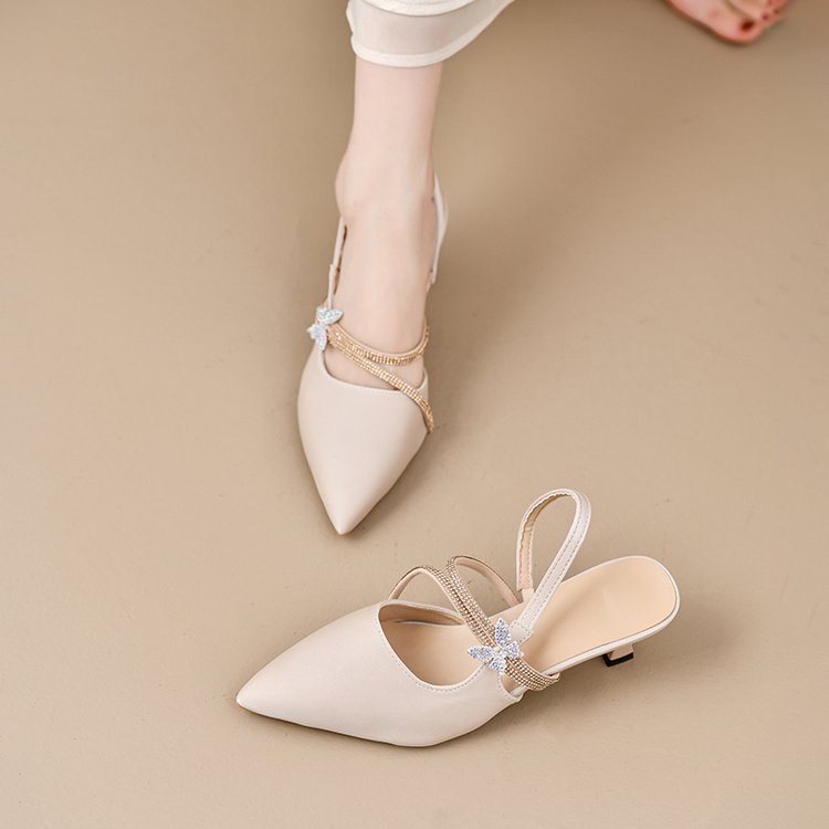 2026 Summer New Women French Pointed Toe Two-Way Wear Closed Toe Mules, Rhinestone Block Heel Slide Sandals