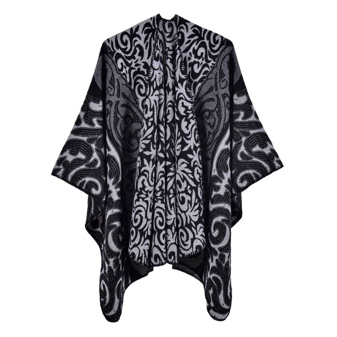 Women's Vintage Flame Auspicious Cloud Jacquard Shawl Poncho, Warm Split Shawl