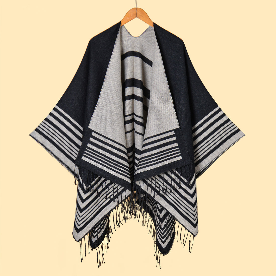 Women's Minimalist Frame Horizontal Stripe Tassel Split Warm Shawl Poncho For Autumn Winter