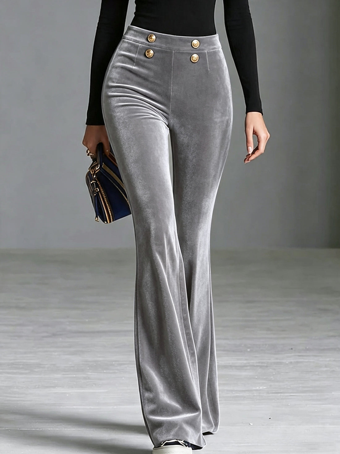Women's Casual Pants Fashionable Golden Velvet Leggings High Waisted Double Breasted Slim Fitting Velvet Flared Pants  Slimming Wide Leg Pants Suitable For Workwear.