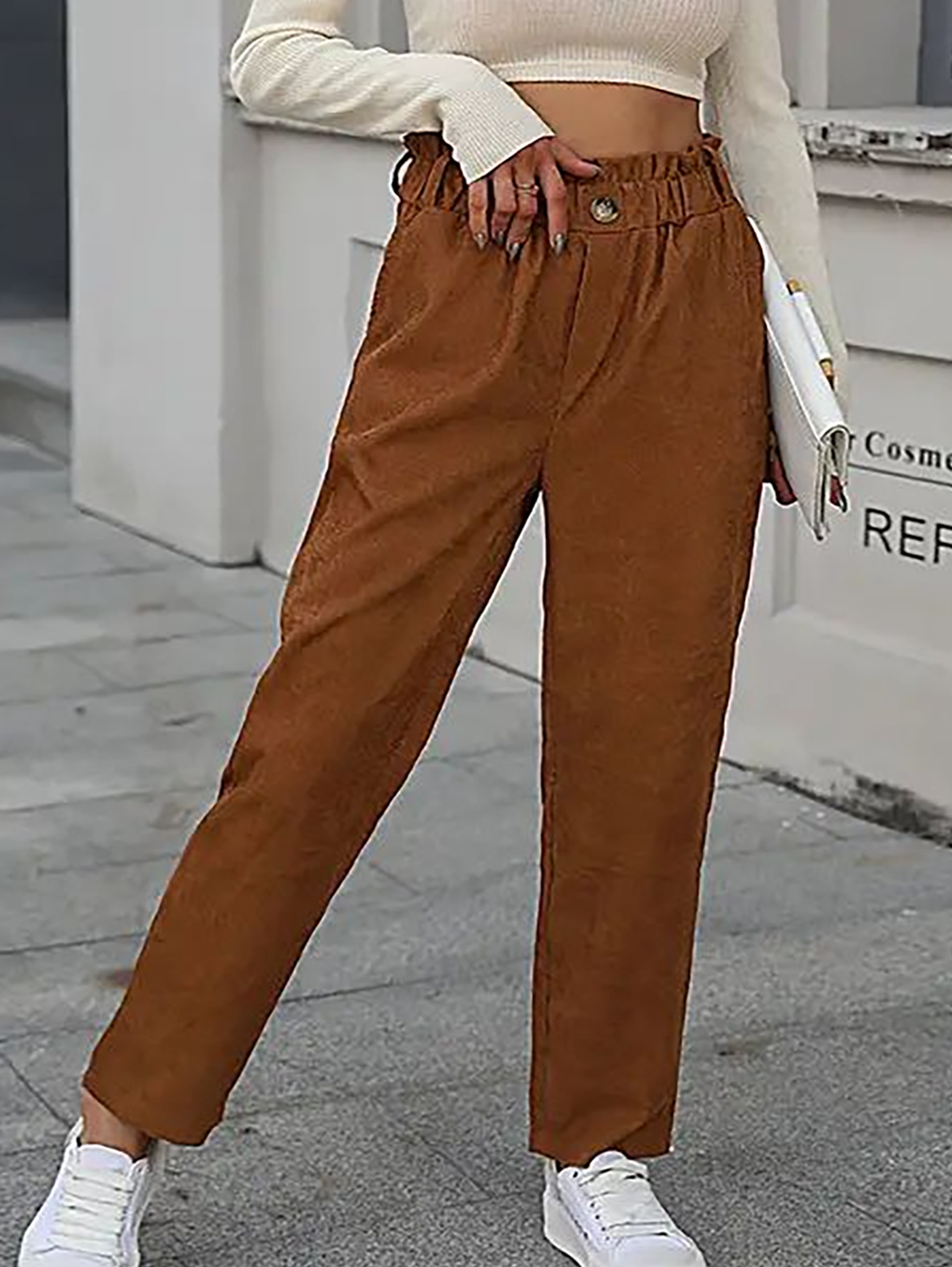 Women's Corduroy Paper Bag Waist Straight Leg Pants, High Waist Elastic Casual Trousers For Daily Street Wear