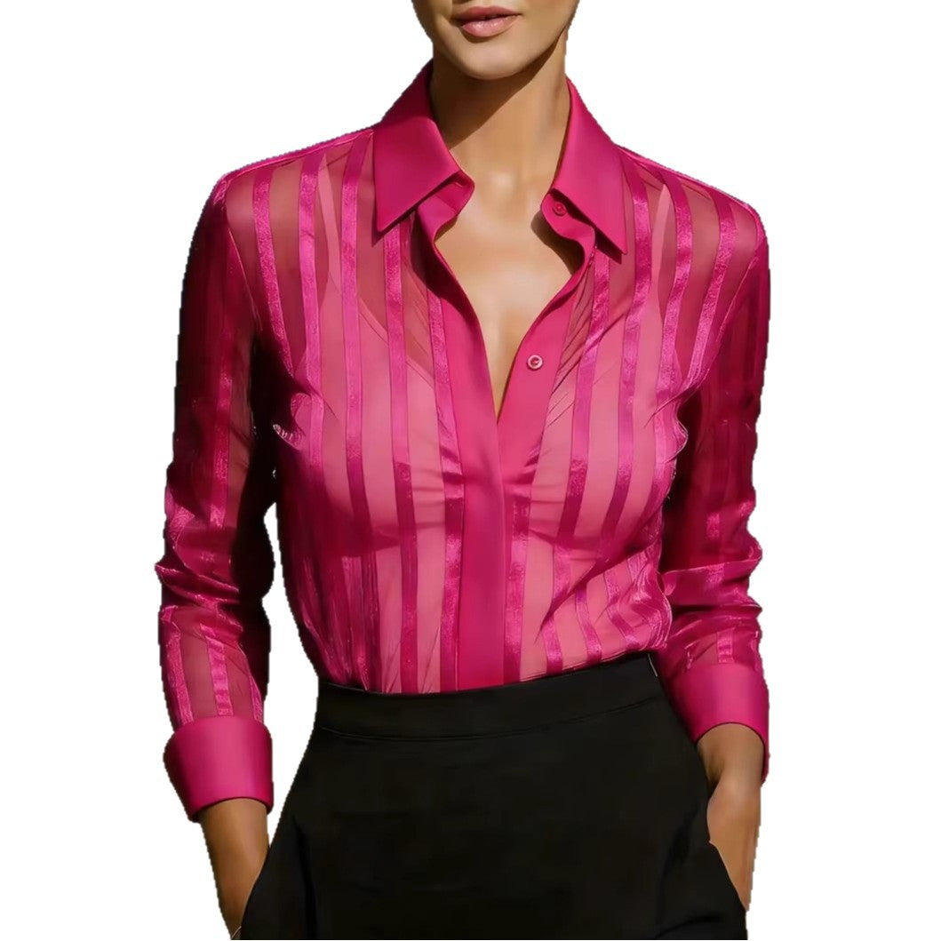 Hot-Selling Item SpringSummer Solid Color Versatile Loose Striped Long-Sleeve Shirt For Women