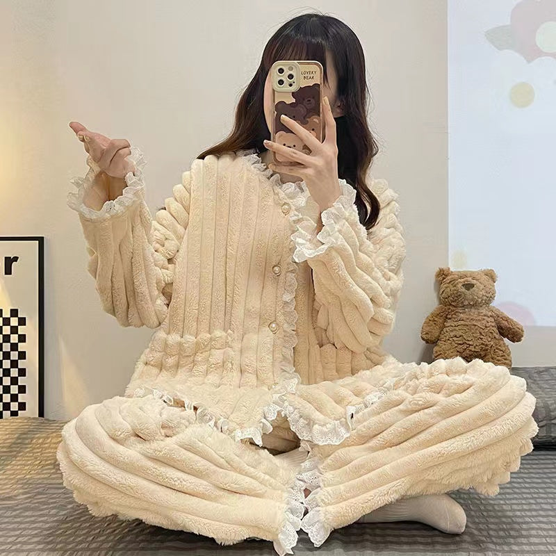 Women's Padded Thickened Coral Fleece Long-sleeved Pajamas Set