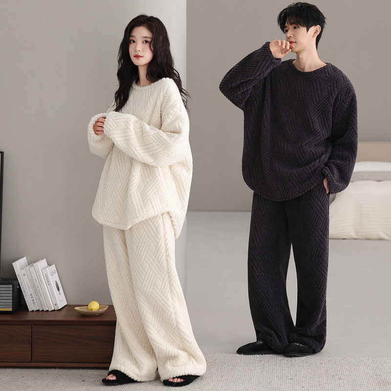 Coral Fleece Couple Pajama Set - Winter Warm Plush Lounge Wear With Round Neck And Loose Fit