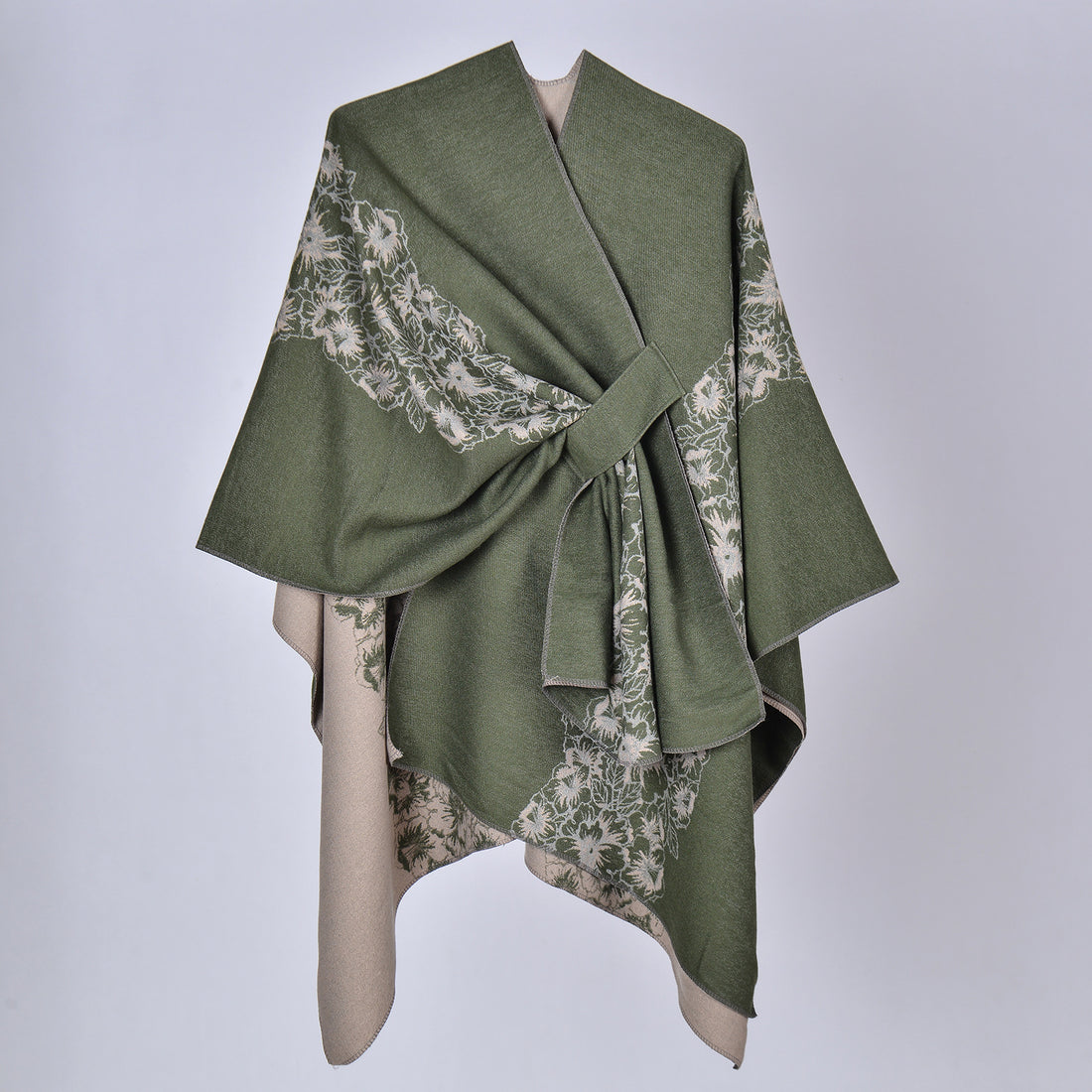 Women's Tie Split-Hem Shawl, Double-Sided Faux Cashmere Split-Hem Poncho Cardigan