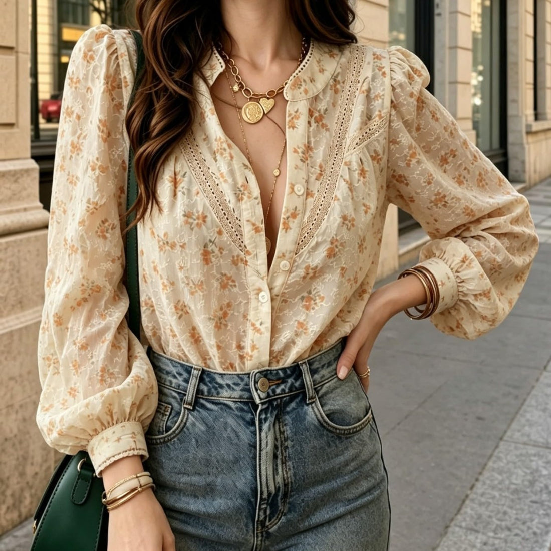 Women Orange Ditsy Floral Lace Blouse Ruffle Collar Button Front Long Sleeve Woven Shirt