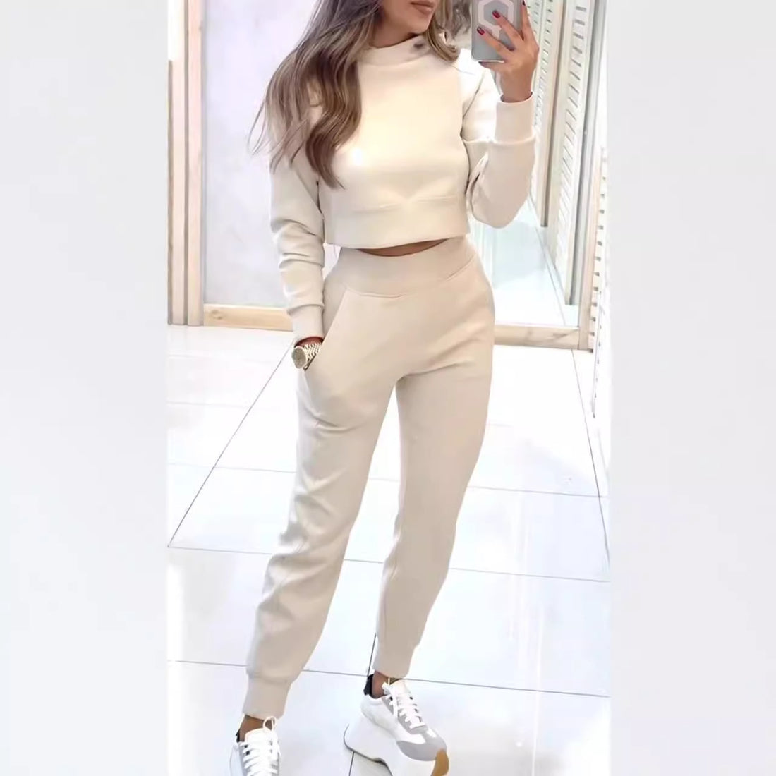 Independent Station Europe And The United States Foreign Trade New Autumn And Winter Ladies High Collar Slim Long Sleeve Leisure Suit