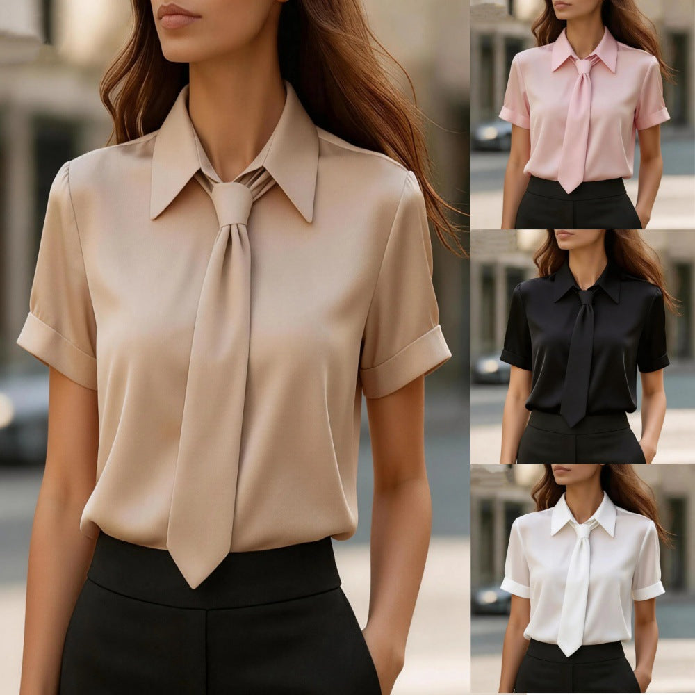 2026 Independent Site Wish Amazon Hot-Selling Item Summer Solid Color Casual Tie Short-Sleeve Shirt For Women