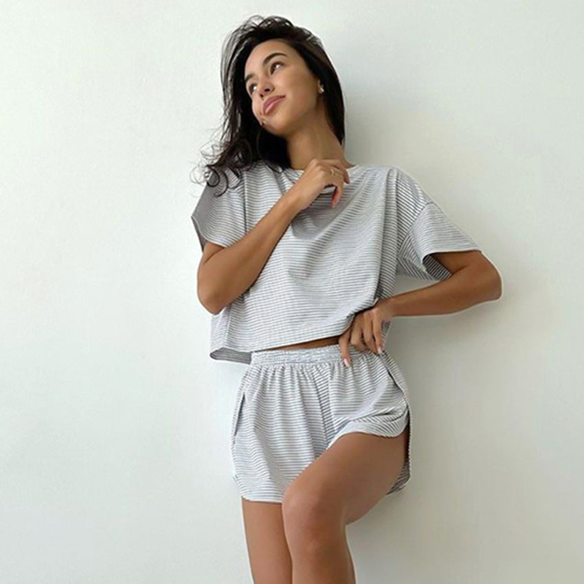 European And American Autumn Knitted Striped Pajamas Loose Short-Sleeve Shorts Set Fashionable Cross-Border Loungewear For Women