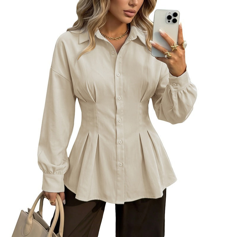 2026 New Casual Turn-down Collar Long-sleeve Shirt European And American Cross-border Autumn Elegant Commuting Waist-cinching Ruffle Hem Shirt For Women