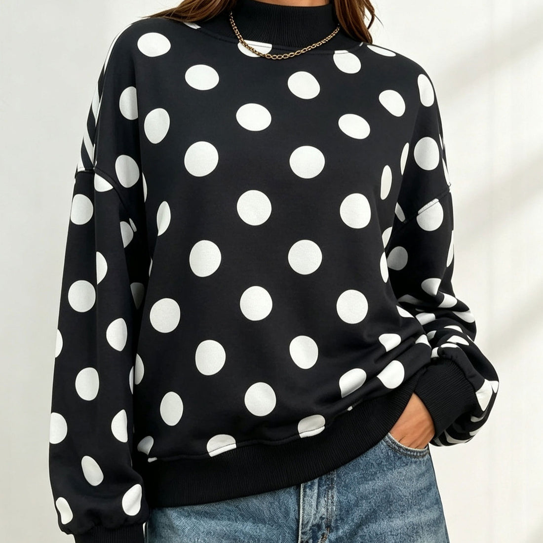 Women's Loose-fit Long-sleeve Pullover Polka-dot Sweatshirt
