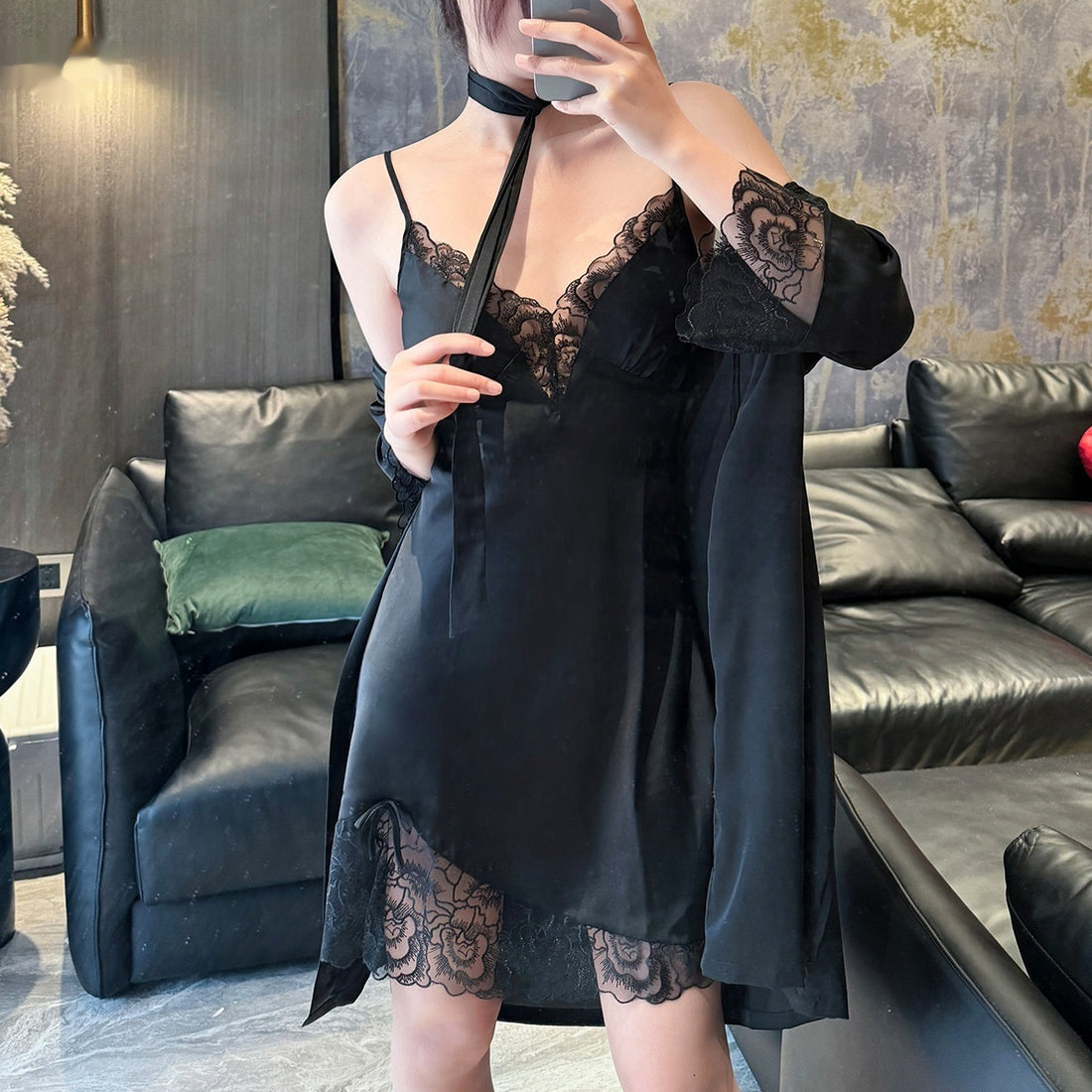 Lady Sexy Suspenders Ice Silk Pajamas Two-piece Set
