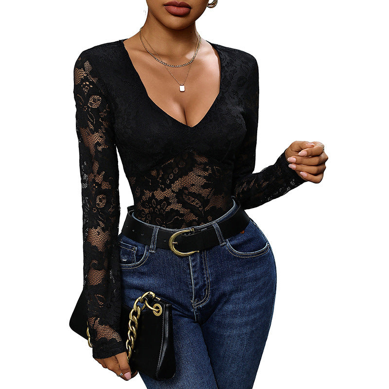 Popular Foreign Trade Women's Clothing, Trending On Tiktok, Cross-Border Autumn Thin Lace Sexy Long-Sleeve Bodysuit